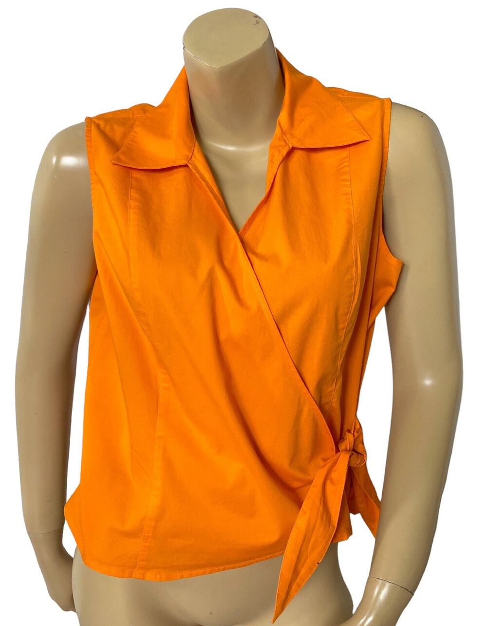 Rafaella Wrap Top Womens 14 Orange Sleeveless Tie Waist Collared Cotton Blouse